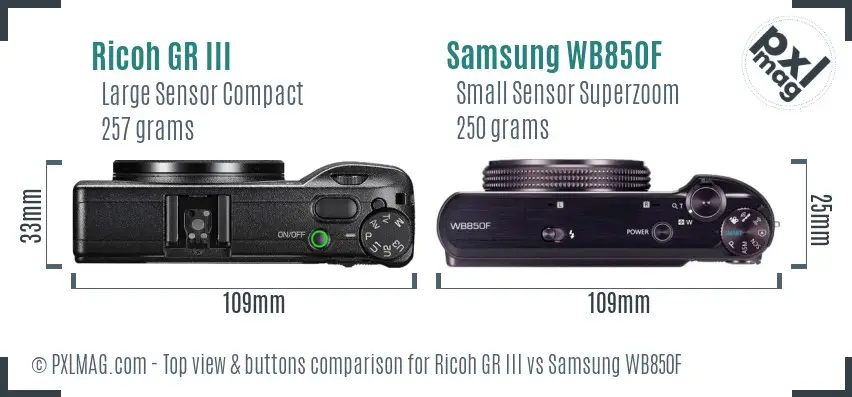 Ricoh GR III vs Samsung WB850F top view buttons comparison