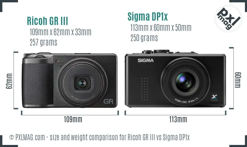 Ricoh GR III vs Sigma DP1x size comparison