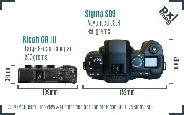 Ricoh GR III vs Sigma SD9 top view buttons comparison