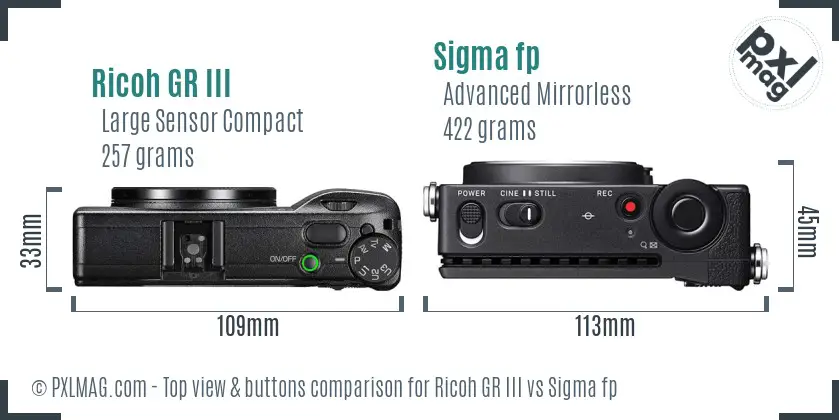 Ricoh GR III vs Sigma fp top view buttons comparison
