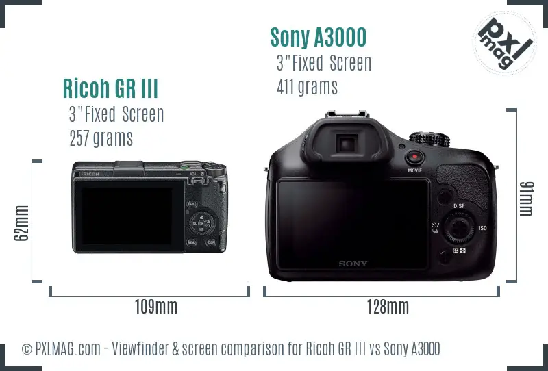 Ricoh GR III vs Sony A3000 Screen and Viewfinder comparison