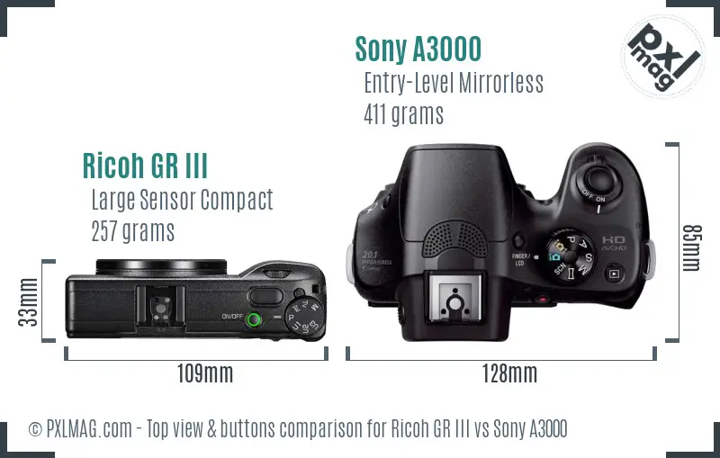 Ricoh GR III vs Sony A3000 top view buttons comparison