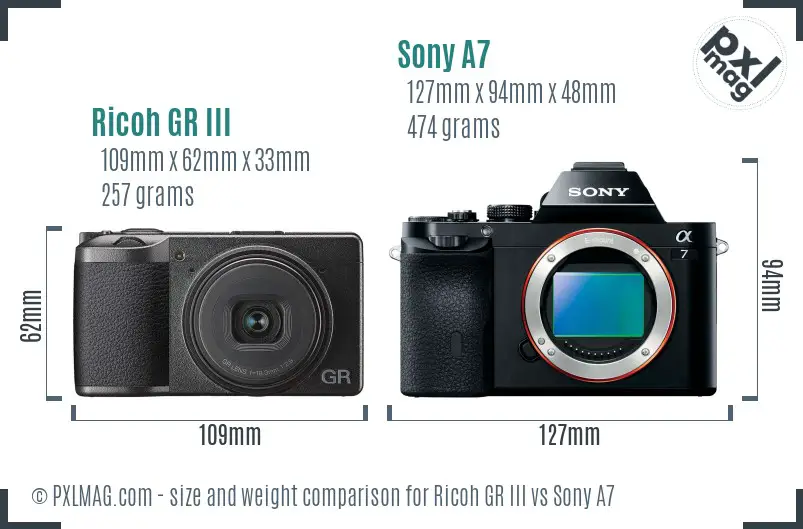 Ricoh GR III vs Sony A7 size comparison