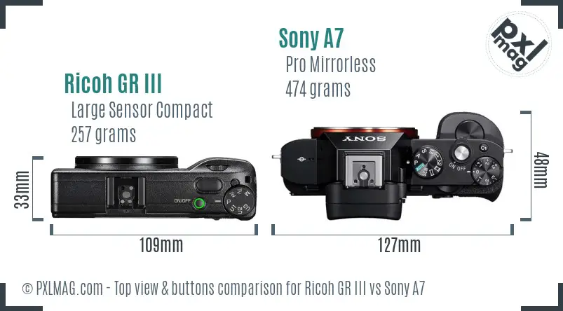 Ricoh GR III vs Sony A7 top view buttons comparison