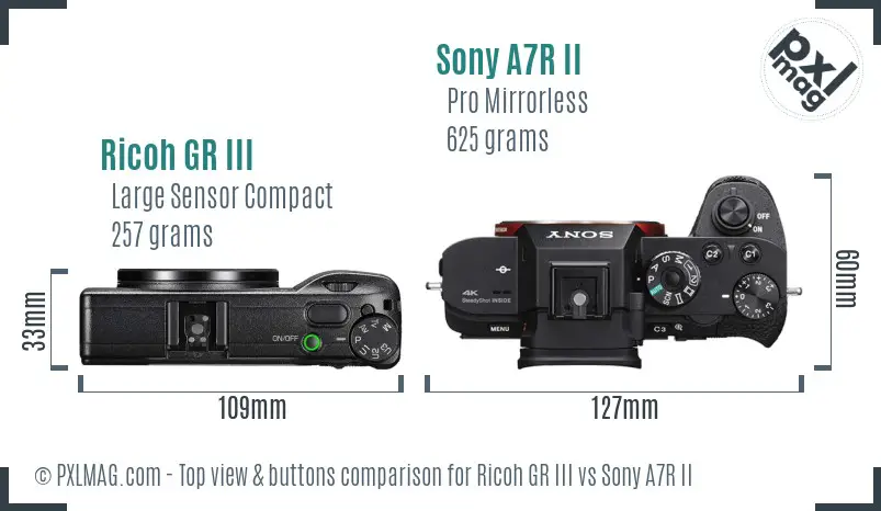 Ricoh GR III vs Sony A7R II top view buttons comparison