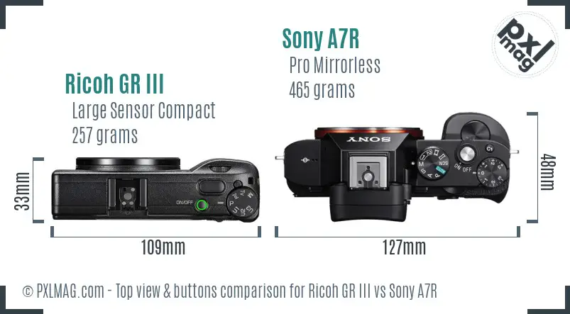 Ricoh GR III vs Sony A7R top view buttons comparison