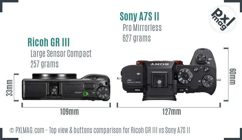 Ricoh GR III vs Sony A7S II top view buttons comparison