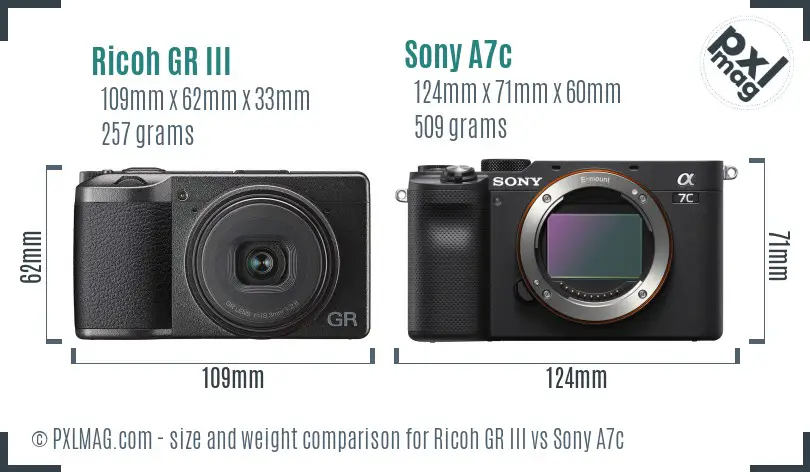 Ricoh GR III vs Sony A7c size comparison