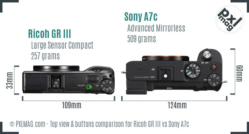 Ricoh GR III vs Sony A7c top view buttons comparison