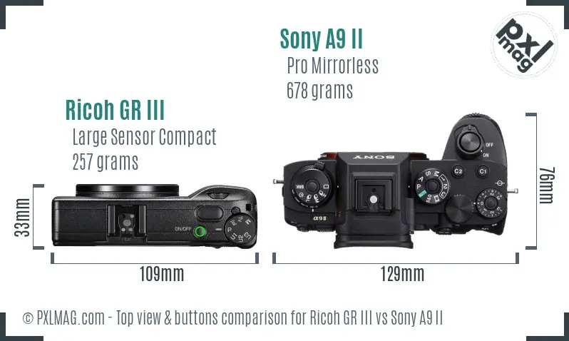 Ricoh GR III vs Sony A9 II top view buttons comparison