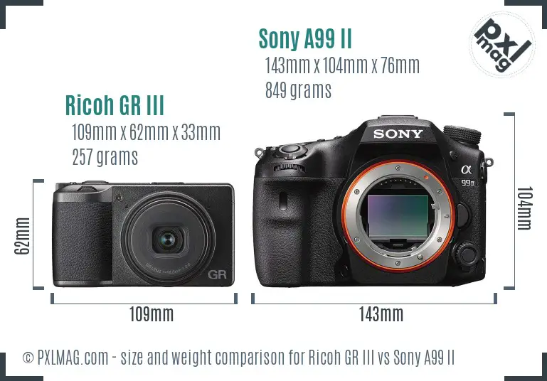 Ricoh GR III vs Sony A99 II size comparison
