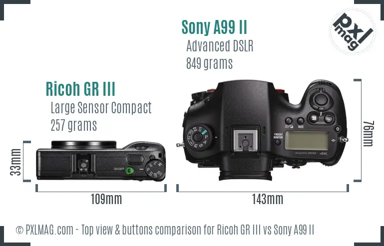 Ricoh GR III vs Sony A99 II top view buttons comparison