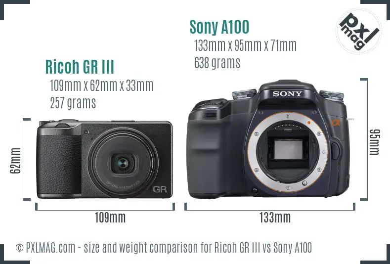 Ricoh GR III vs Sony A100 size comparison