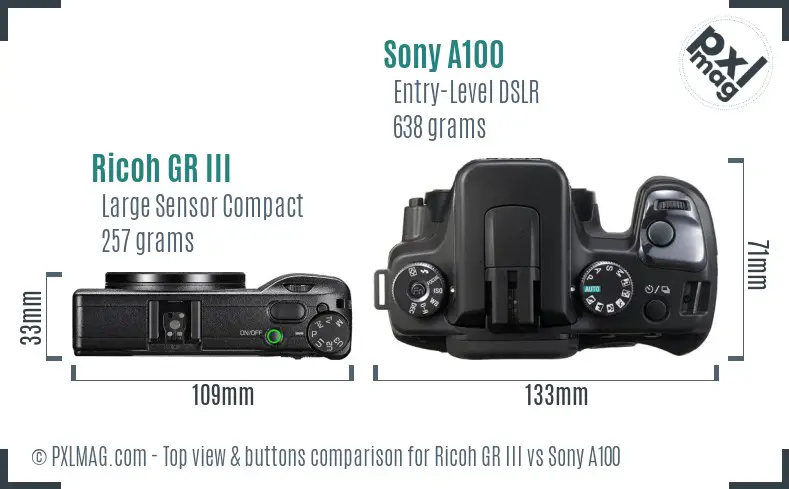 Ricoh GR III vs Sony A100 top view buttons comparison