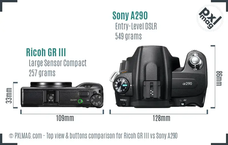 Ricoh GR III vs Sony A290 top view buttons comparison