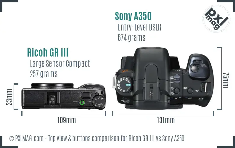 Ricoh GR III vs Sony A350 top view buttons comparison Ricoh GR III vs Sony A350 top view buttons comparison