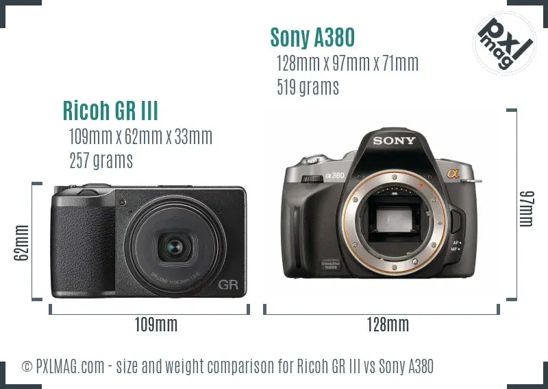 Ricoh GR III vs Sony A380 size comparison