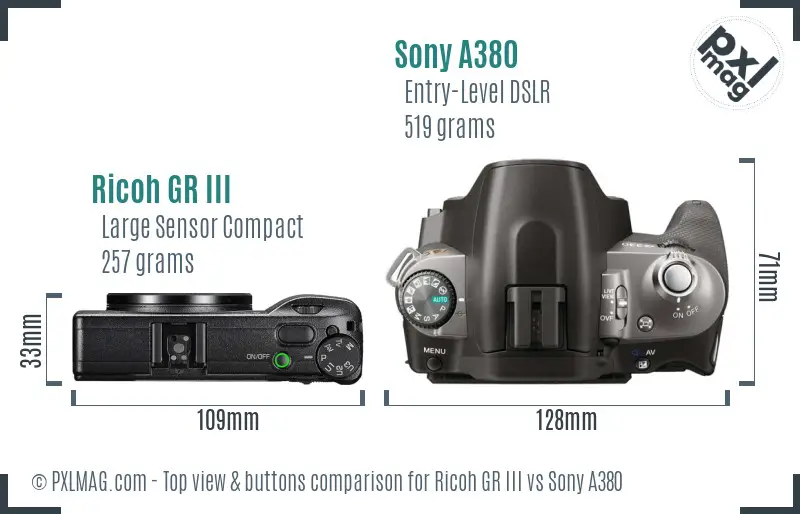 Ricoh GR III vs Sony A380 top view buttons comparison