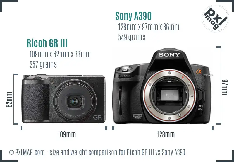 Ricoh GR III vs Sony A390 size comparison