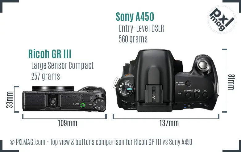 Ricoh GR III vs Sony A450 top view buttons comparison