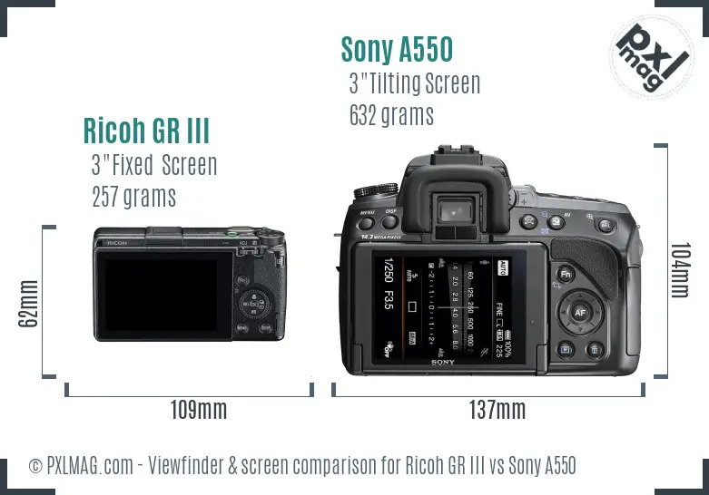 Ricoh GR III vs Sony A550 Screen and Viewfinder comparison