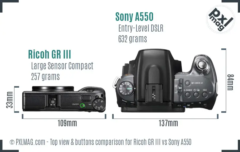 Ricoh GR III vs Sony A550 top view buttons comparison