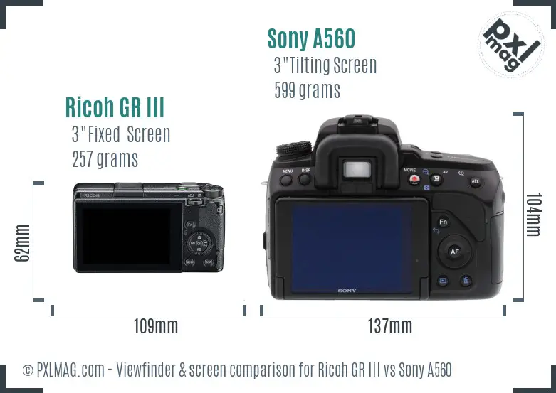 Ricoh GR III vs Sony A560 Screen and Viewfinder comparison