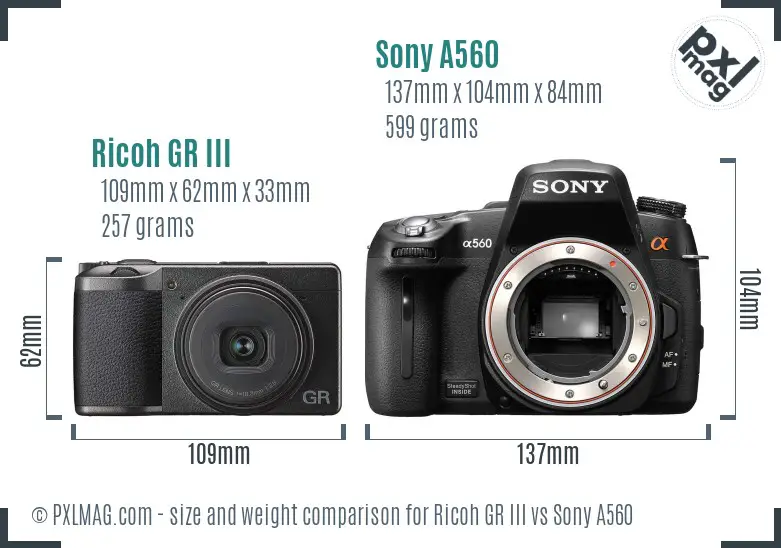 Ricoh GR III vs Sony A560 size comparison