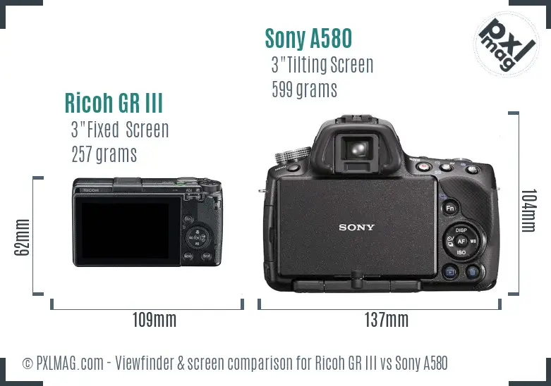 Ricoh GR III vs Sony A580 Screen and Viewfinder comparison