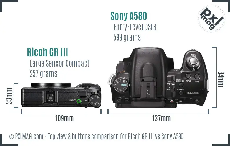 Ricoh GR III vs Sony A580 top view buttons comparison