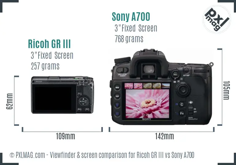 Ricoh GR III vs Sony A700 Screen and Viewfinder comparison