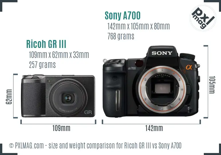 Ricoh GR III vs Sony A700 size comparison