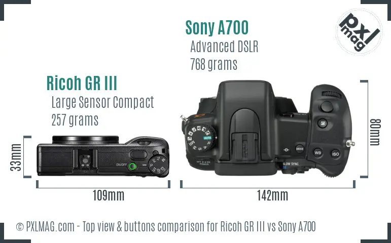 Ricoh GR III vs Sony A700 top view buttons comparison