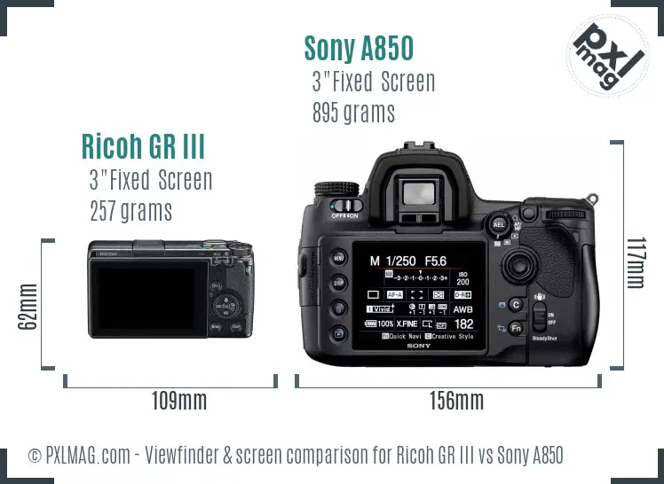 Ricoh GR III vs Sony A850 Screen and Viewfinder comparison