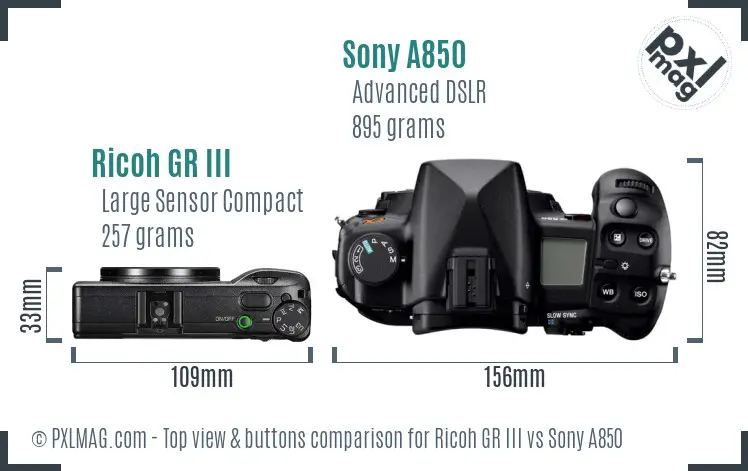 Ricoh GR III vs Sony A850 top view buttons comparison