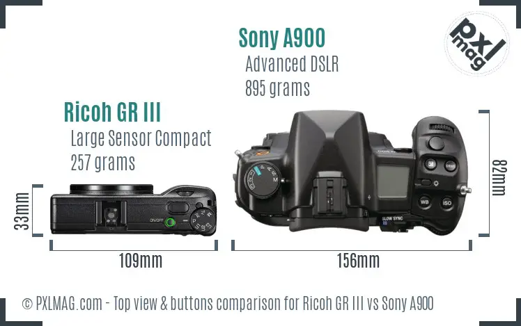 Ricoh GR III vs Sony A900 top view buttons comparison