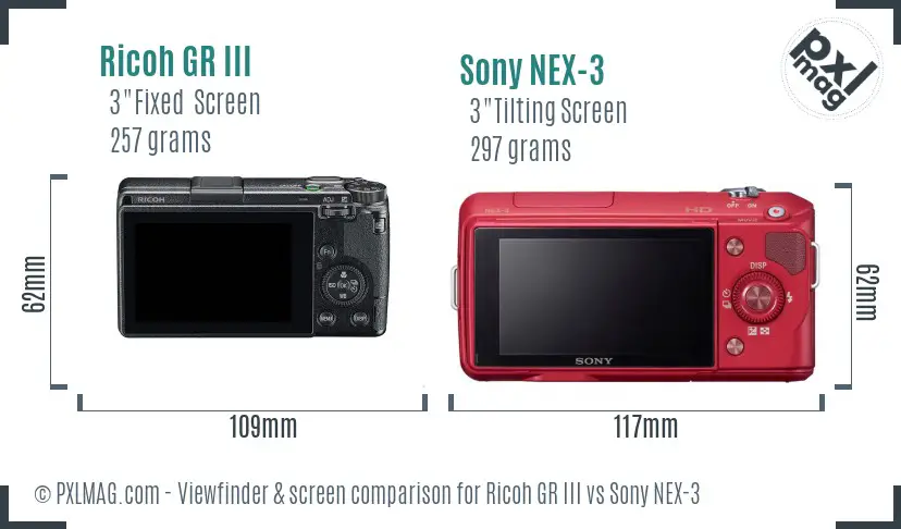 Ricoh GR III vs Sony NEX-3 Screen and Viewfinder comparison