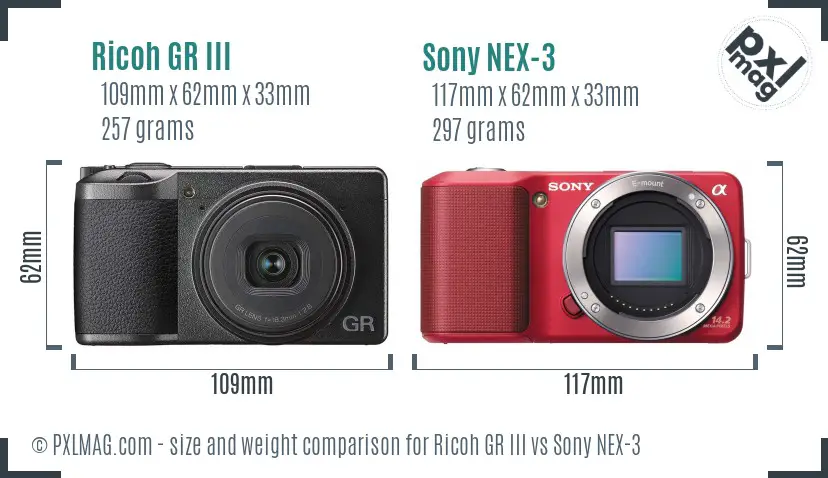 Ricoh GR III vs Sony NEX-3 size comparison