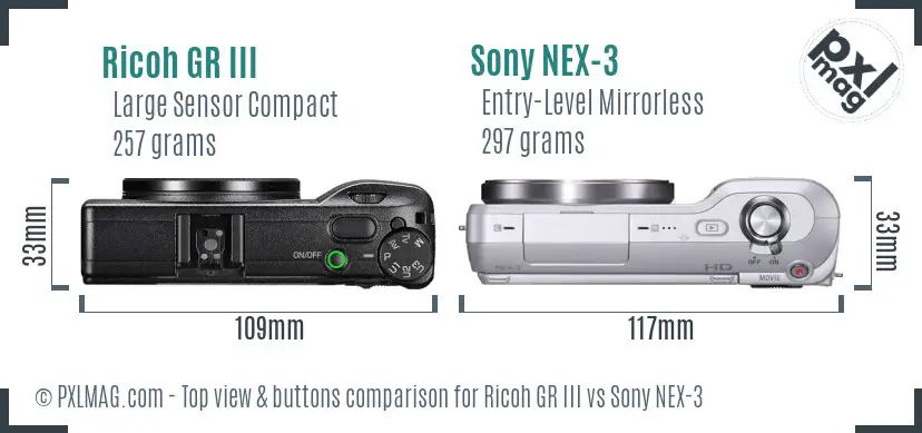 Ricoh GR III vs Sony NEX-3 top view buttons comparison