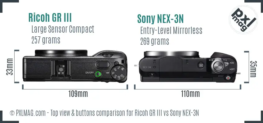 Ricoh GR III vs Sony NEX-3N top view buttons comparison