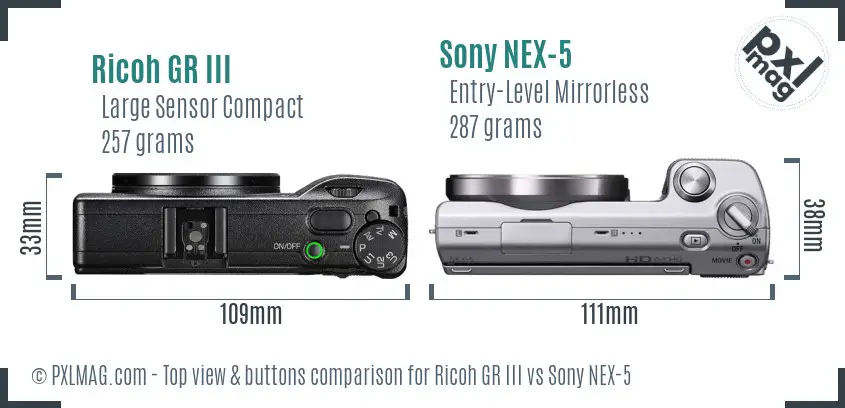 Ricoh GR III vs Sony NEX-5 top view buttons comparison Ricoh GR III vs Sony NEX-5 top view buttons comparison
