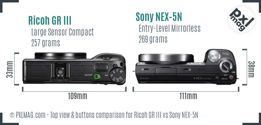 Ricoh GR III vs Sony NEX-5N top view buttons comparison