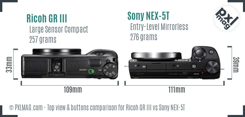 Ricoh GR III vs Sony NEX-5T top view buttons comparison Ricoh GR III vs Sony NEX-5T top view buttons comparison