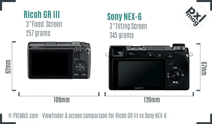 Ricoh GR III vs Sony NEX-6 Screen and Viewfinder comparison