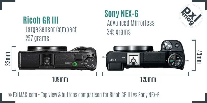 Ricoh GR III vs Sony NEX-6 top view buttons comparison