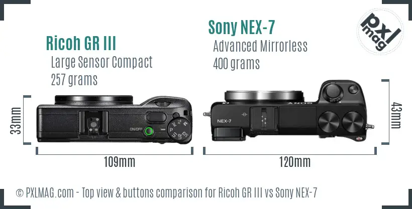 Ricoh GR III vs Sony NEX-7 top view buttons comparison