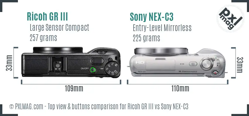 Ricoh GR III vs Sony NEX-C3 top view buttons comparison