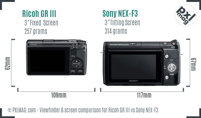 Ricoh GR III vs Sony NEX-F3 Screen and Viewfinder comparison
