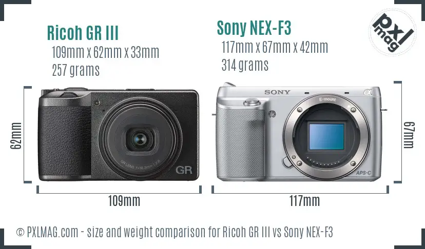 Ricoh GR III vs Sony NEX-F3 size comparison