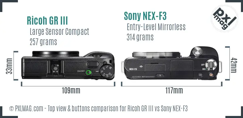 Ricoh GR III vs Sony NEX-F3 top view buttons comparison